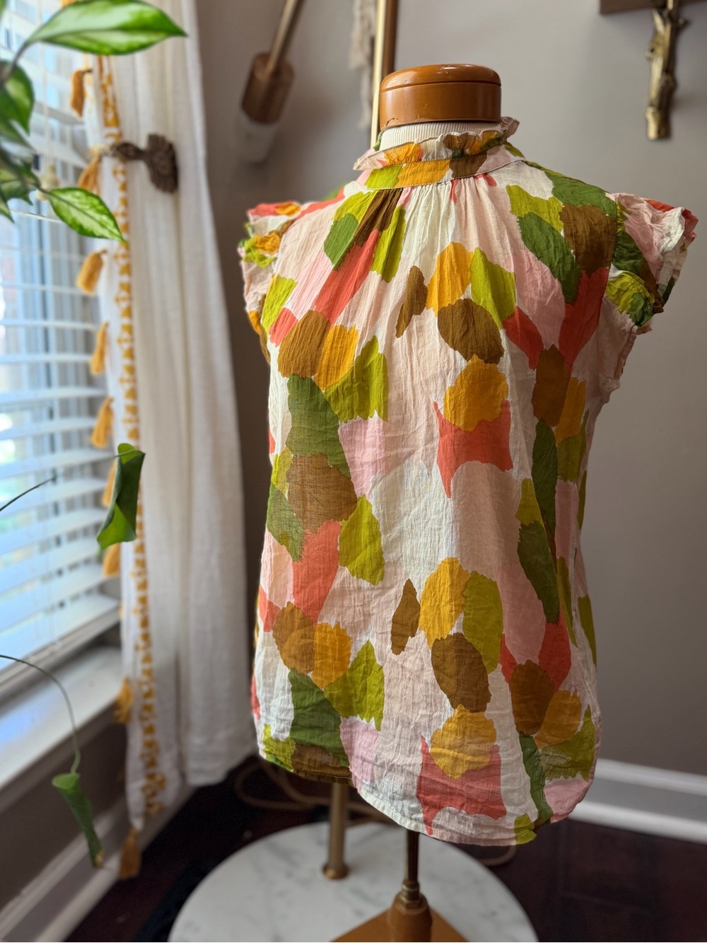 THML - Women’s Printed Cap Sleeve Blouse in Pink, Green & Mustard
